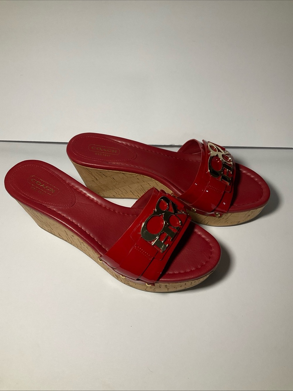 Coach Red Patent Slide Mules with Gold Logo Accent - Picture 2 of 8